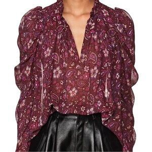 Ulla Johnson Renly Silk Chiffon Paisley Floral Blouse in Claret Size 8 Damaged